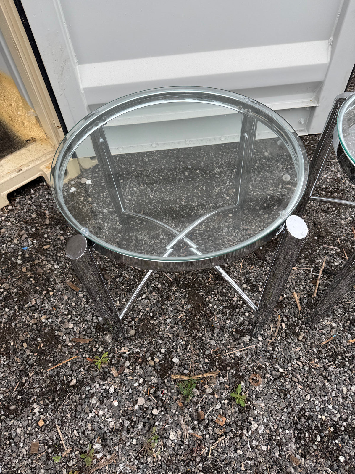 Pair of Round Chrome and Glass Side Tables