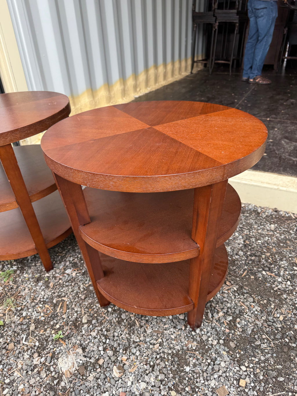 Pair of Round Wood 3-Tier End Tables