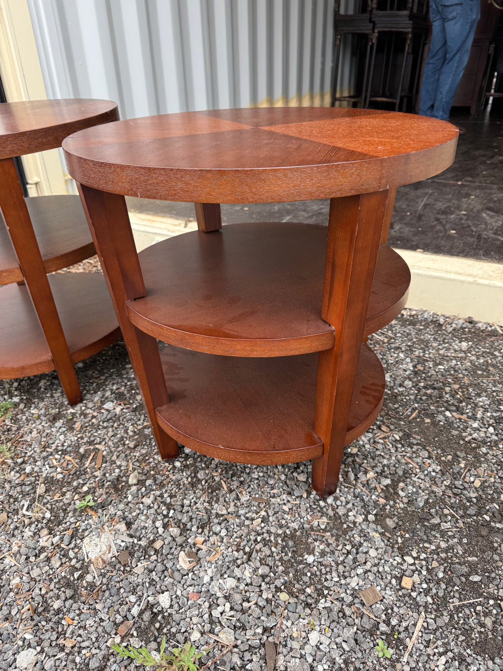 Pair of Round Wood 3-Tier End Tables