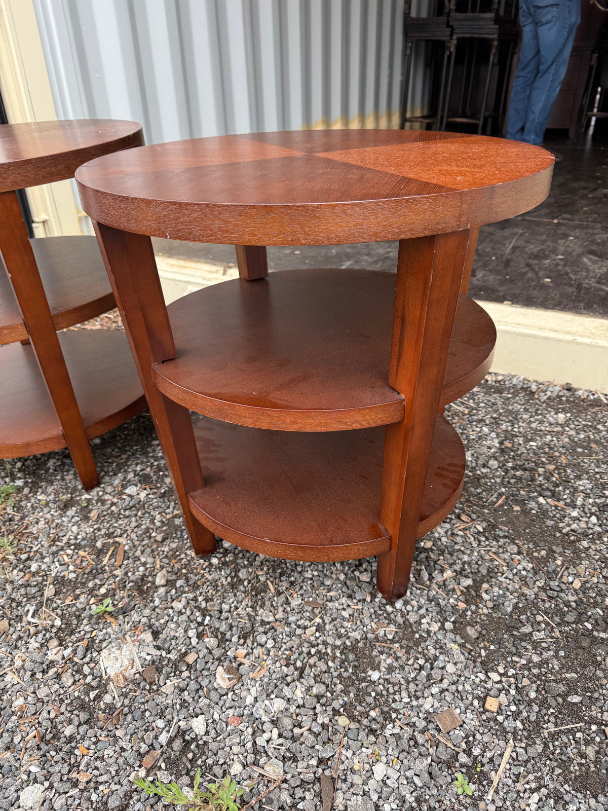 Pair of Round Wood 3-Tier End Tables