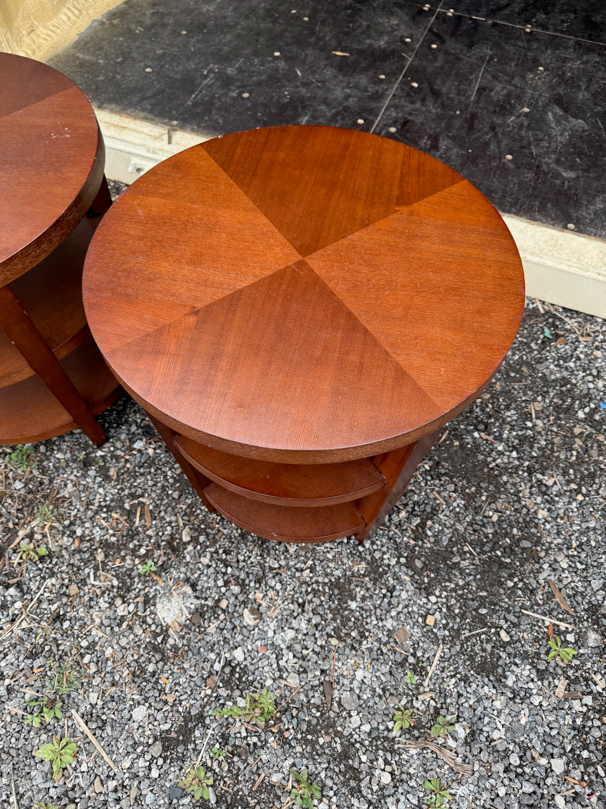 Pair of Round Wood 3-Tier End Tables