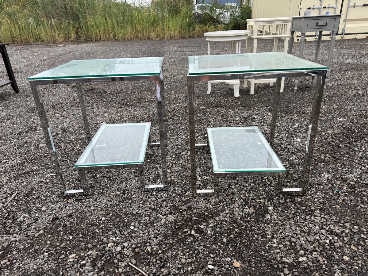Pair of Chrome and Glass 2-Tier End Side Tables