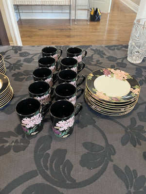 Fitz and Floyd "Cloisonne Peony"- 5 Mugs and 8 Dessert Plates
