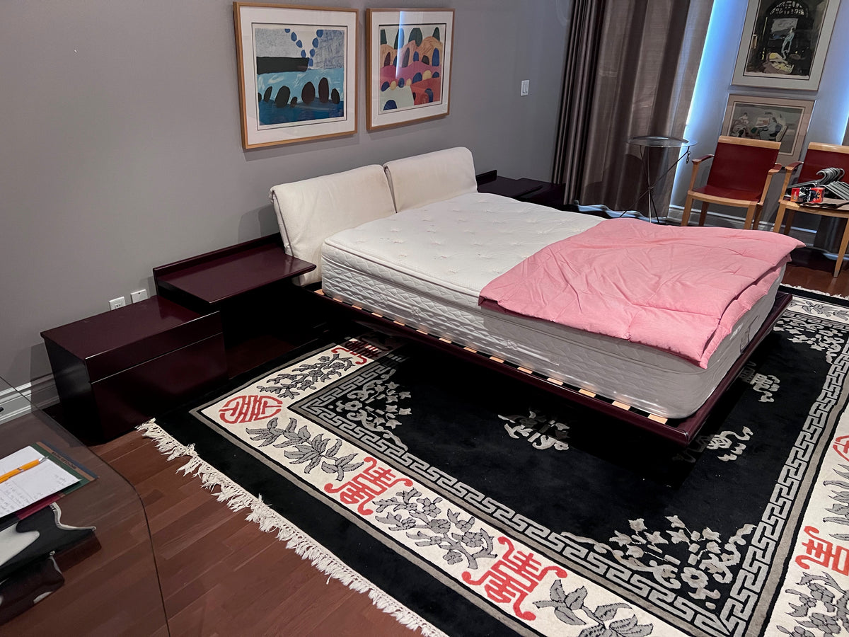 Vintage MCM Queen Platform Bed with Modular Nightstands on Wheels