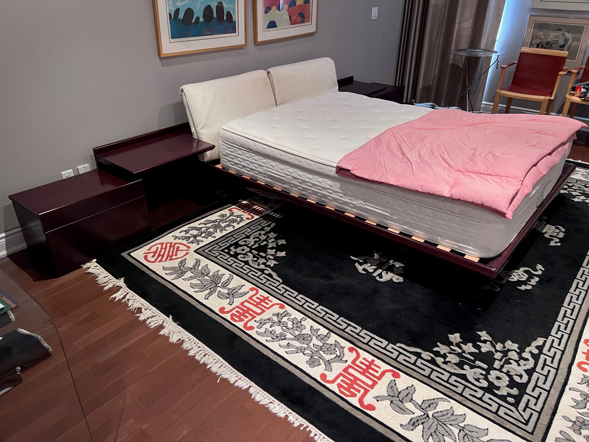 Vintage MCM Queen Platform Bed with Modular Nightstands on Wheels