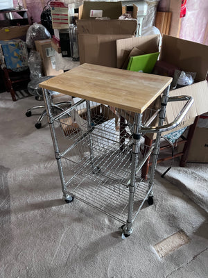 Chrome Steel Base with Wood Top Rolling Kitchen Cart