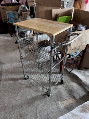 Chrome Steel Base with Wood Top Rolling Kitchen Cart