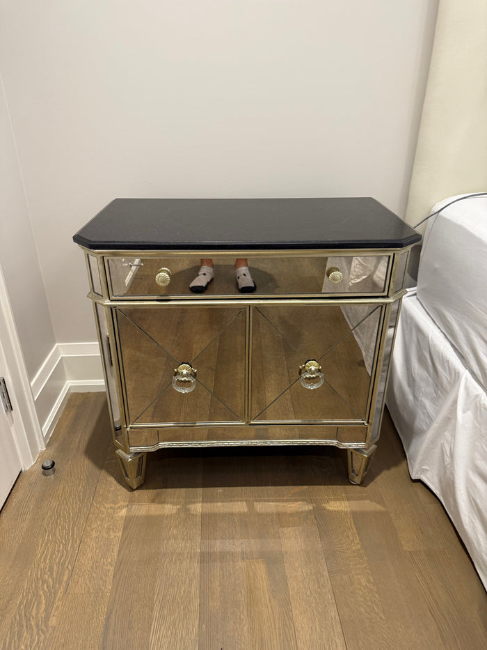 Pair of HomeSense Mirrored End Tables with Marble Tops (*retail $600/pair)