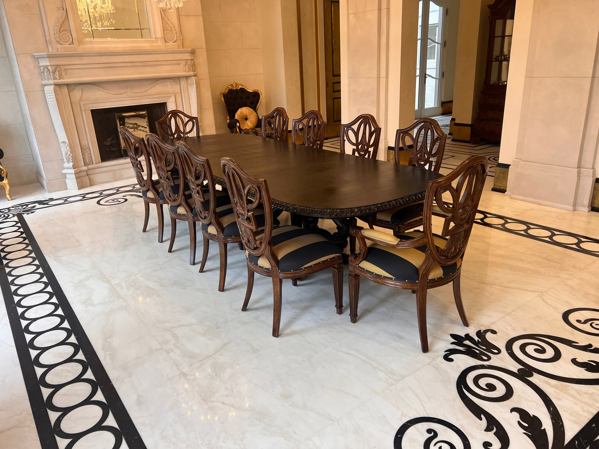 Ferguson Copeland Venetian Dining Table + 10 Chairs- *Table Refinished in Black, Chairs in Original Antique Cherry