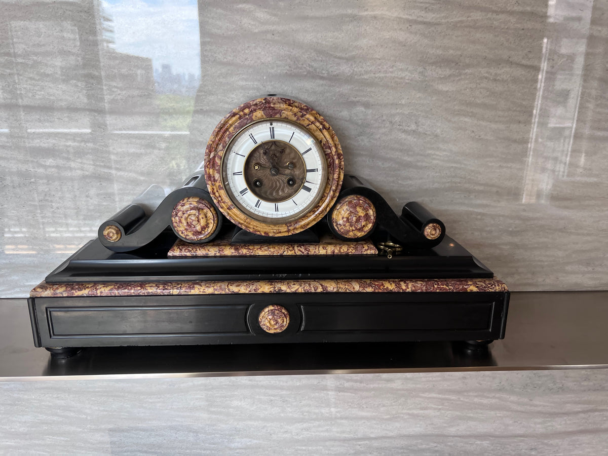 19th Century Antique French Black Slate and Marble Mantle Clock by L’Marti Cie