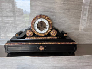 19th Century Antique French Black Slate and Marble Mantle Clock by L’Marti Cie