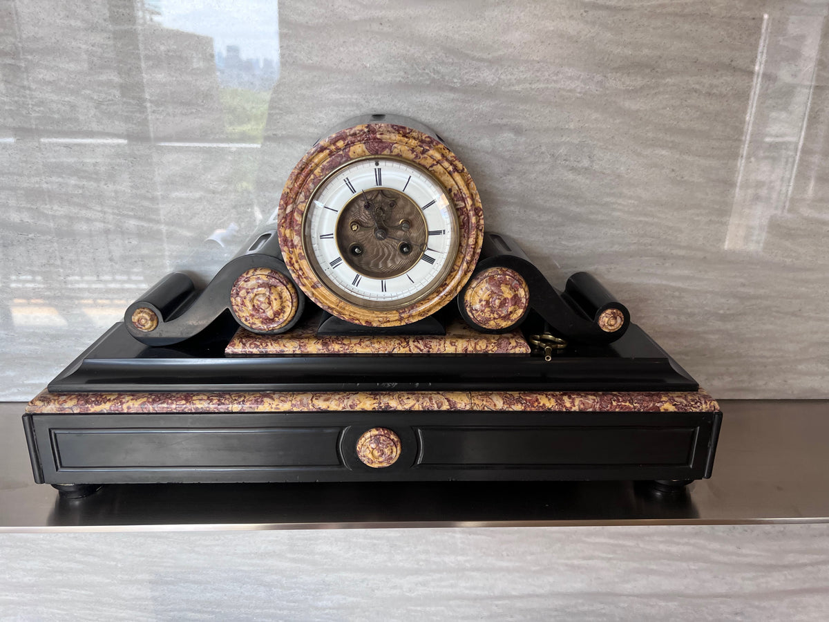 19th Century Antique French Black Slate and Marble Mantle Clock by L’Marti Cie