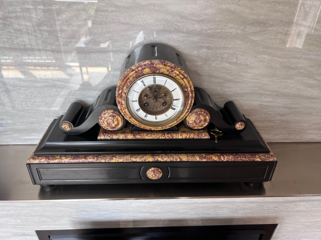 19th Century Antique French Black Slate and Marble Mantle Clock by L’Marti Cie