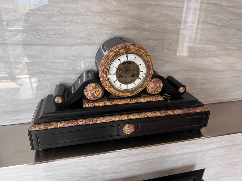 19th Century Antique French Black Slate and Marble Mantle Clock by L’Marti Cie