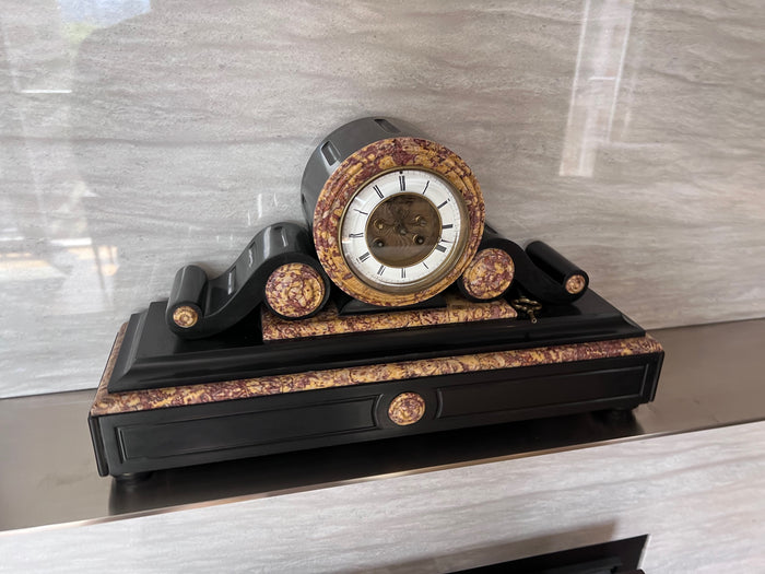 19th Century Antique French Black Slate and Marble Mantle Clock by L’Marti Cie