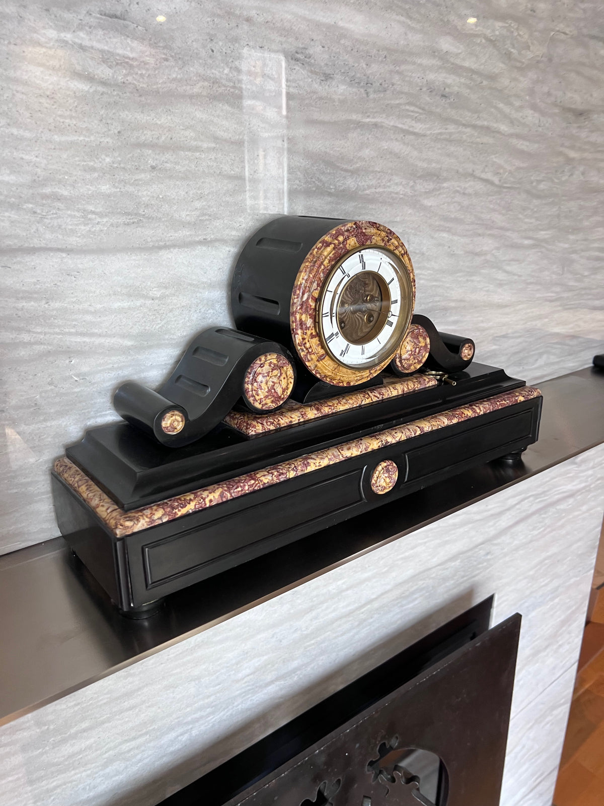 19th Century Antique French Black Slate and Marble Mantle Clock by L’Marti Cie