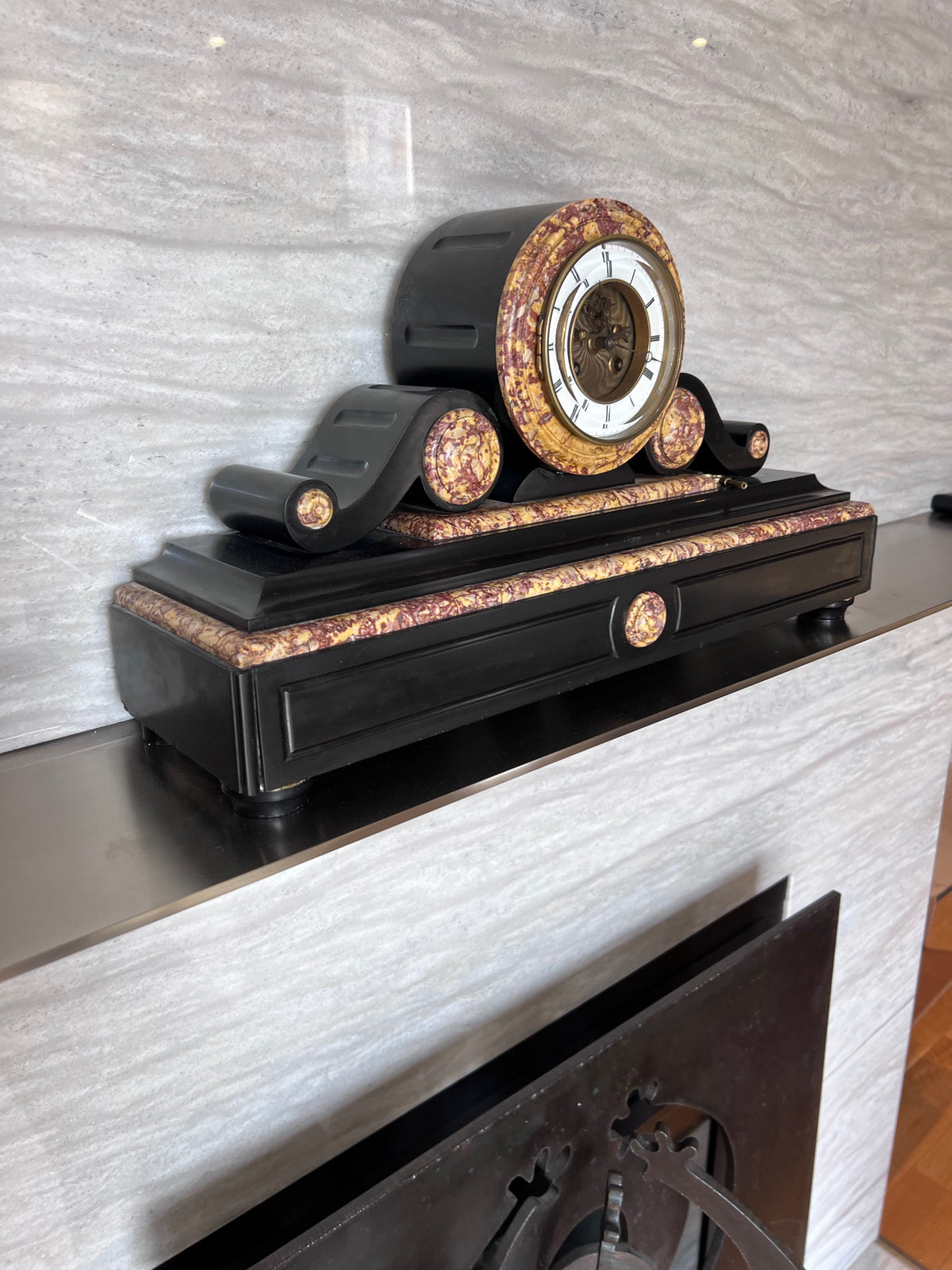19th Century Antique French Black Slate and Marble Mantle Clock by L’Marti Cie