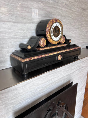 19th Century Antique French Black Slate and Marble Mantle Clock by L’Marti Cie