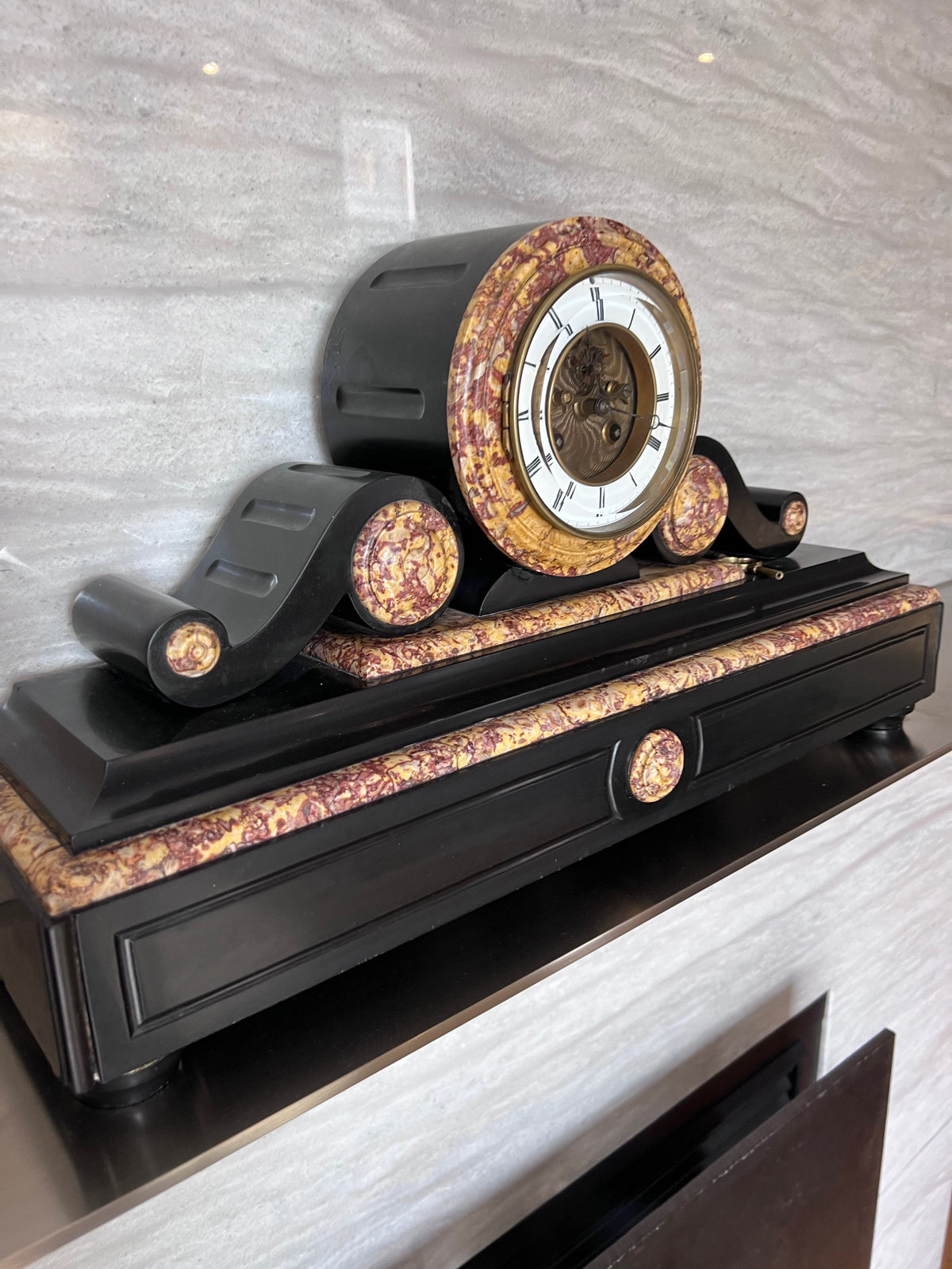 19th Century Antique French Black Slate and Marble Mantle Clock by L’Marti Cie