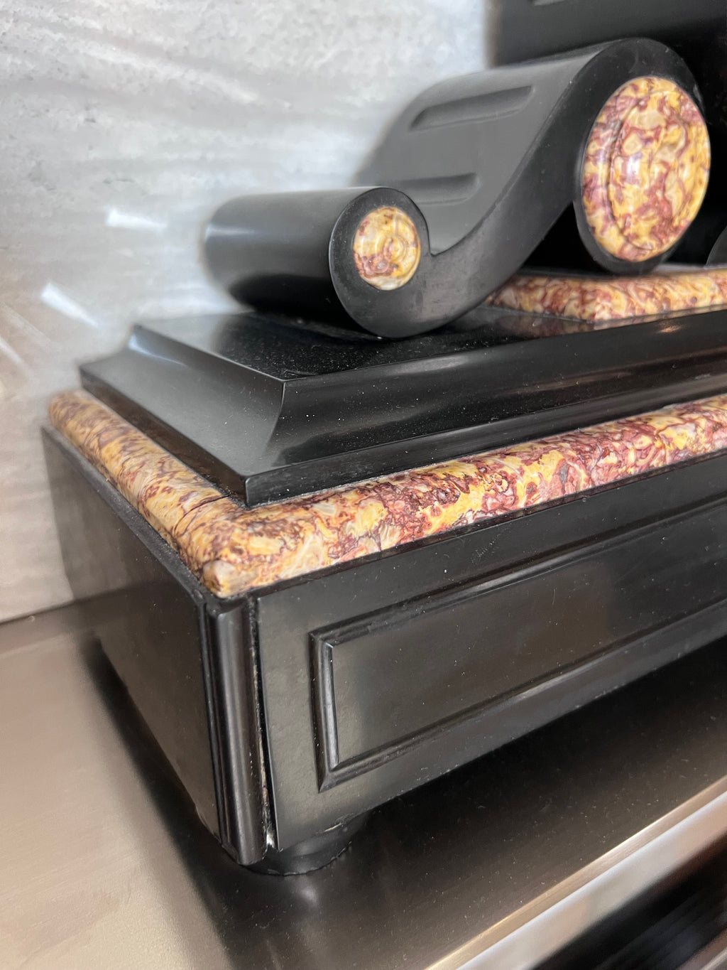 19th Century Antique French Black Slate and Marble Mantle Clock by L’Marti Cie