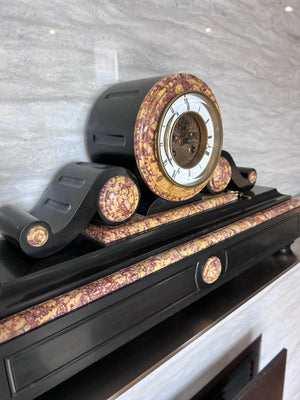 19th Century Antique French Black Slate and Marble Mantle Clock by L’Marti Cie
