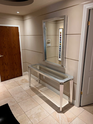 Beautiful Silver Console Table with Glass Insert + Matching Mirror