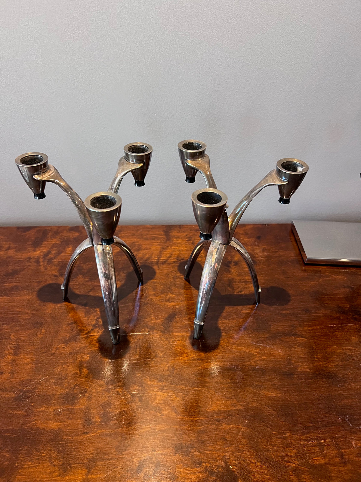 Pair of Vintage Rogers Silver Plate Tripod Candle Holders