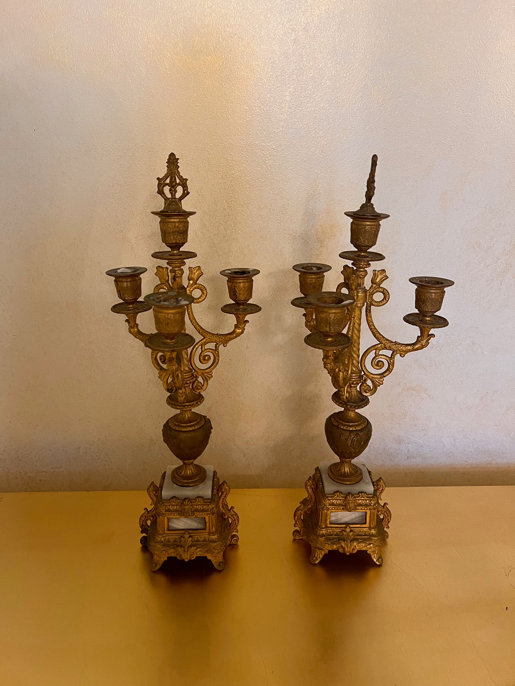 Pair of Small Gilt Gold Metal Candelabras, with Marble Base- 18"H