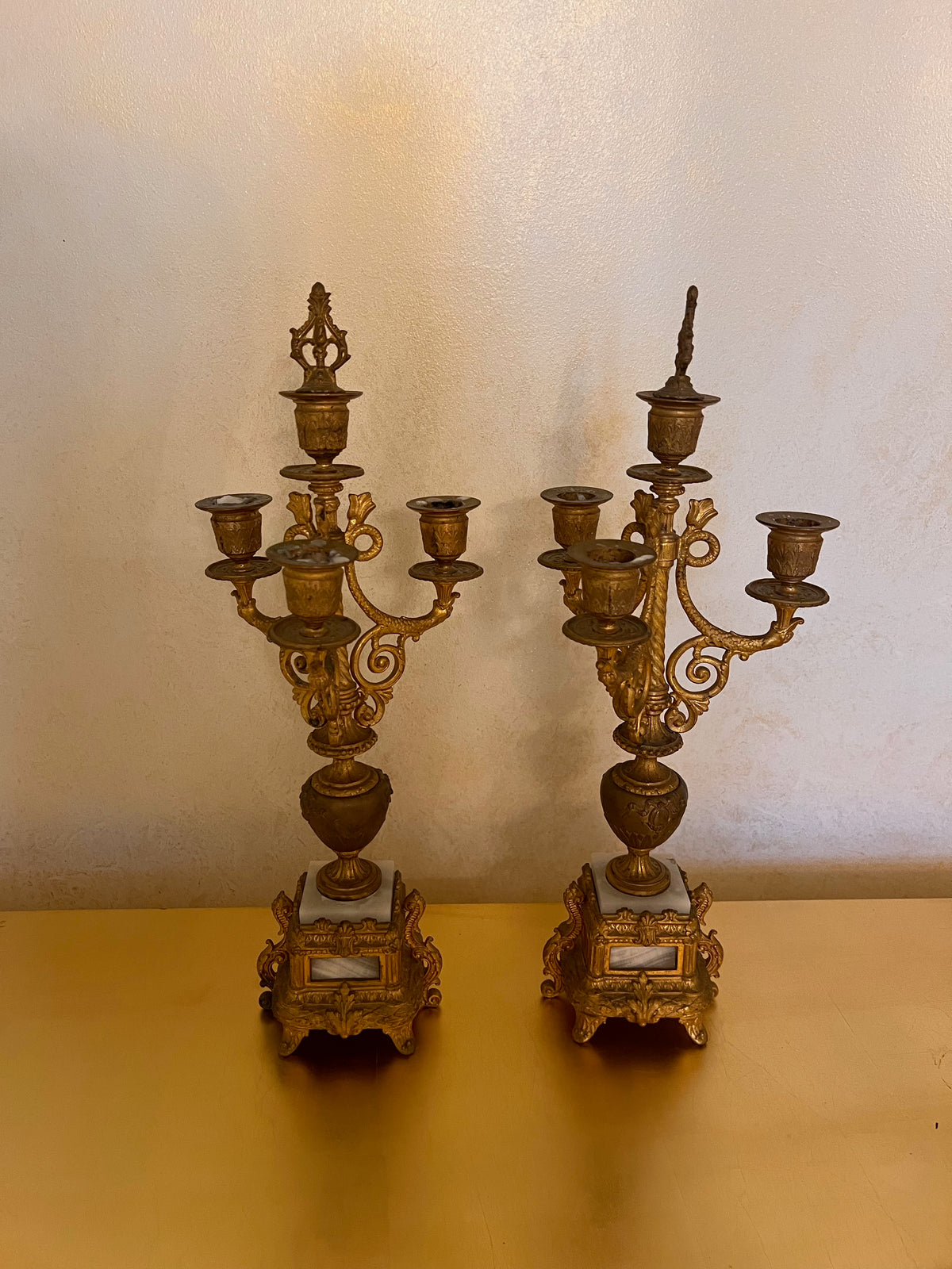 Pair of Small Gilt Gold Metal Candelabras, with Marble Base- 18"H