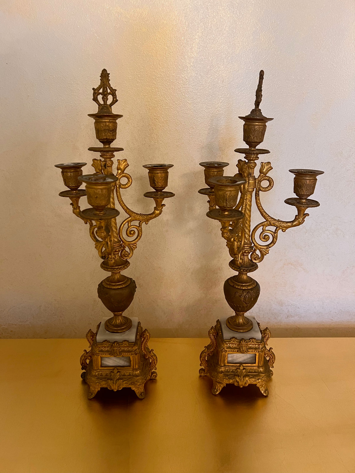 Pair of Small Gilt Gold Metal Candelabras, with Marble Base- 18"H