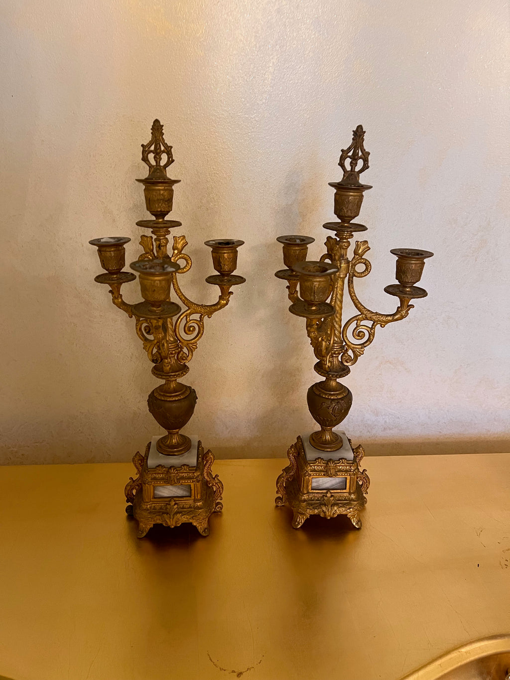 Pair of Small Gilt Gold Metal Candelabras, with Marble Base- 18"H