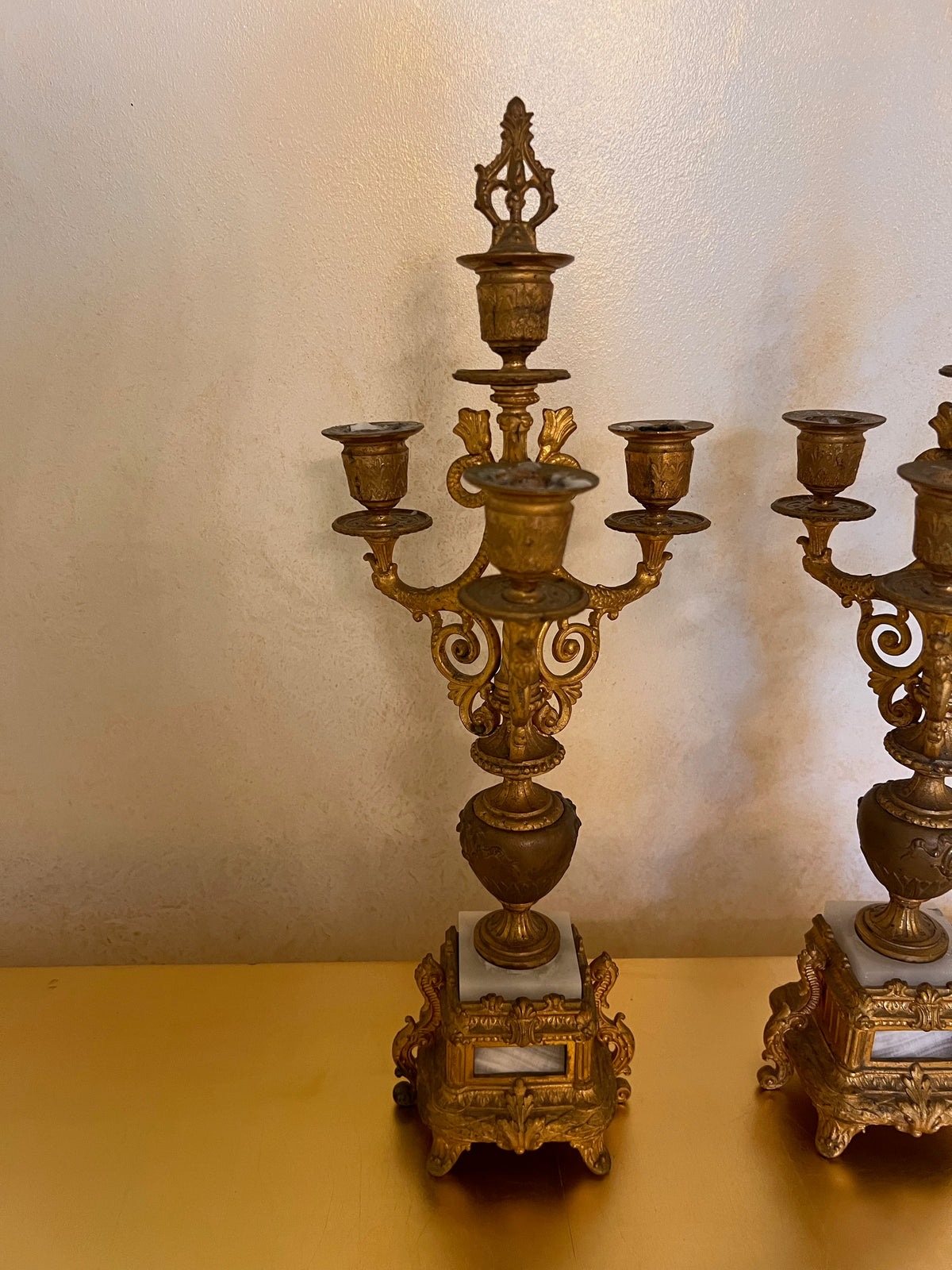 Pair of Small Gilt Gold Metal Candelabras, with Marble Base- 18"H