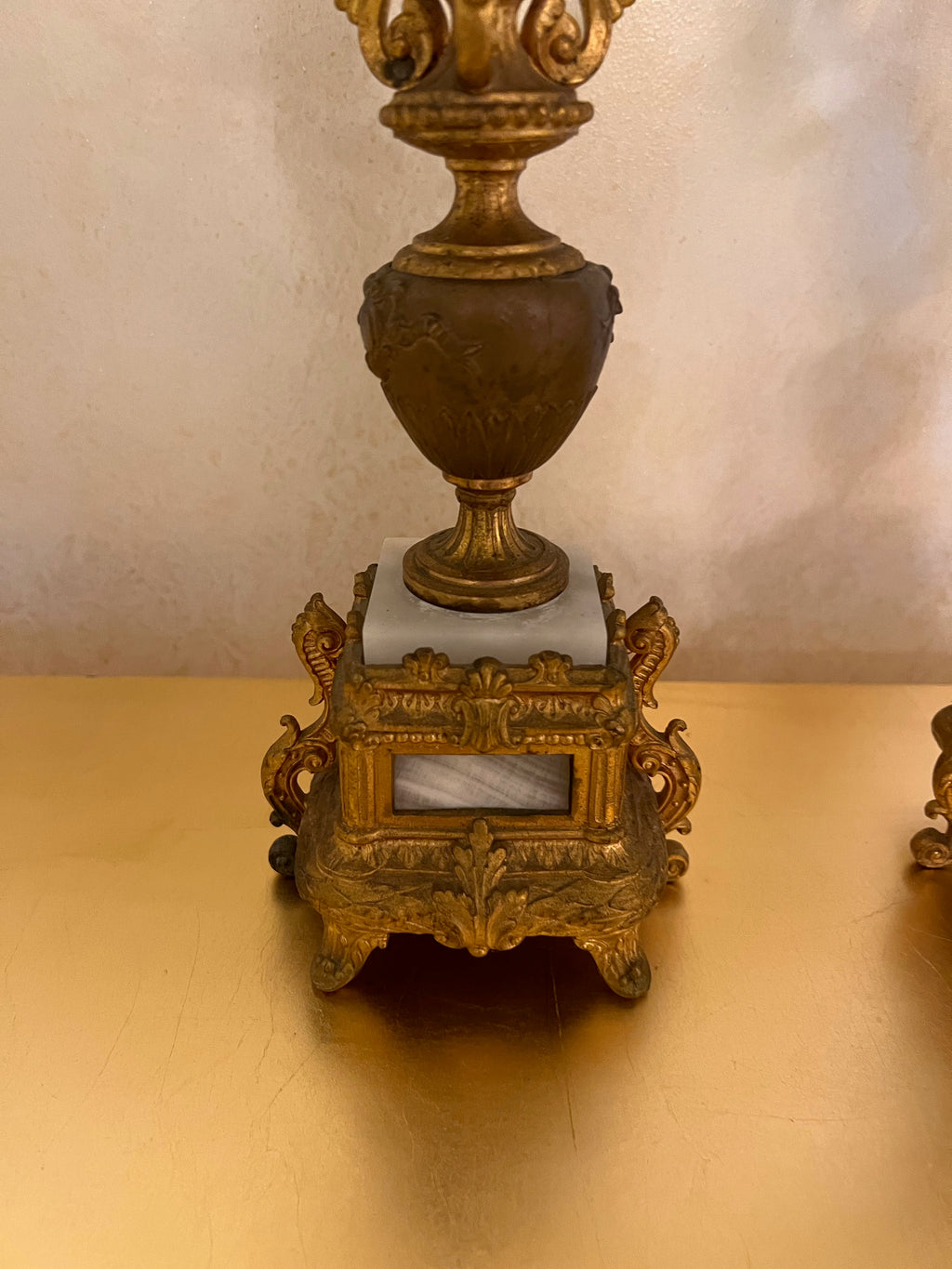 Pair of Small Gilt Gold Metal Candelabras, with Marble Base- 18"H