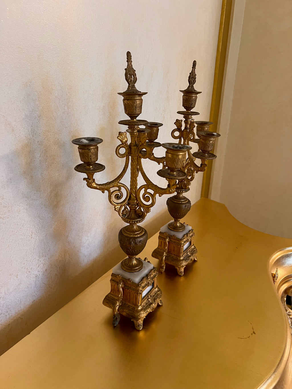 Pair of Small Gilt Gold Metal Candelabras, with Marble Base- 18"H