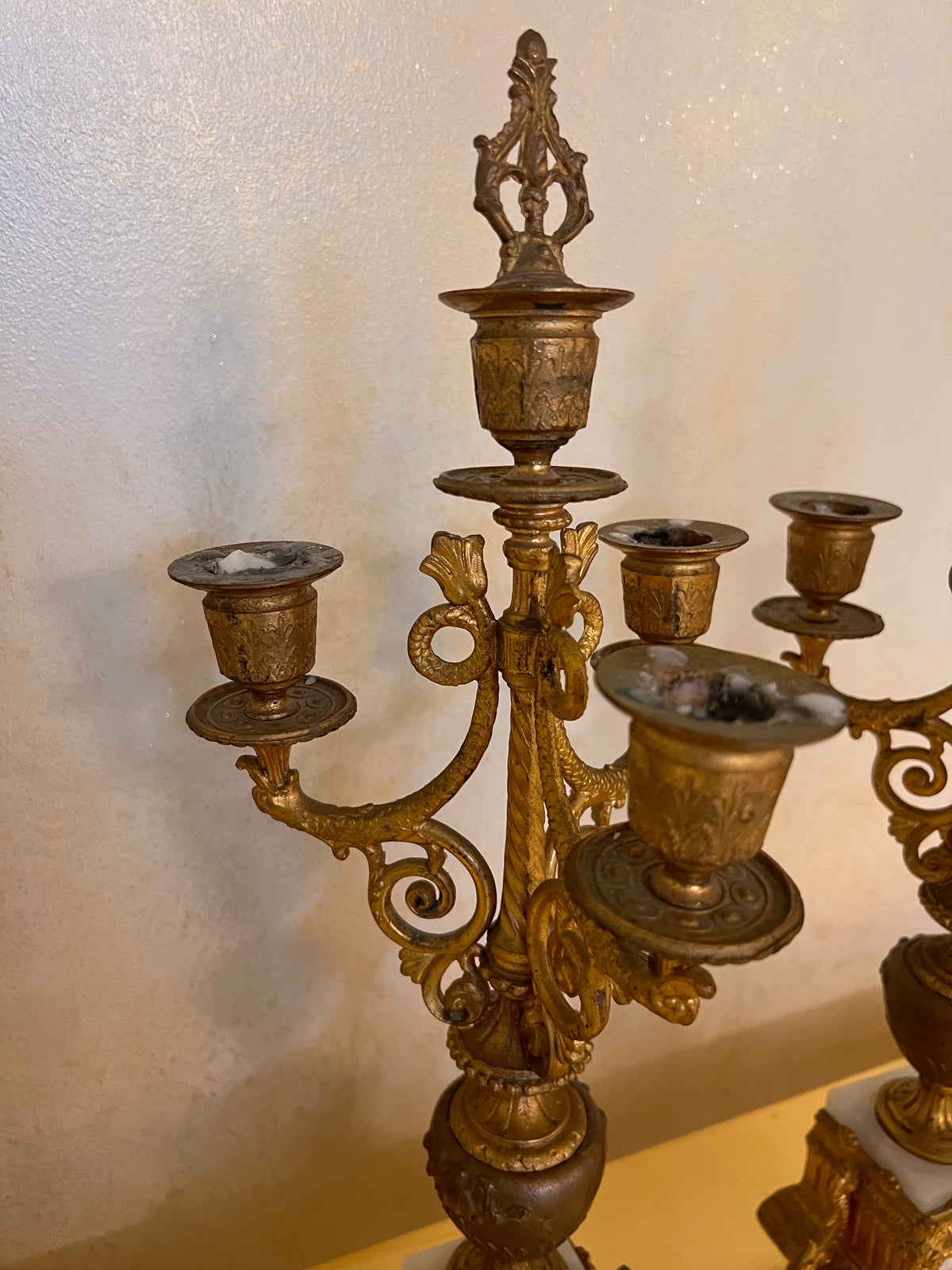 Pair of Small Gilt Gold Metal Candelabras, with Marble Base- 18"H