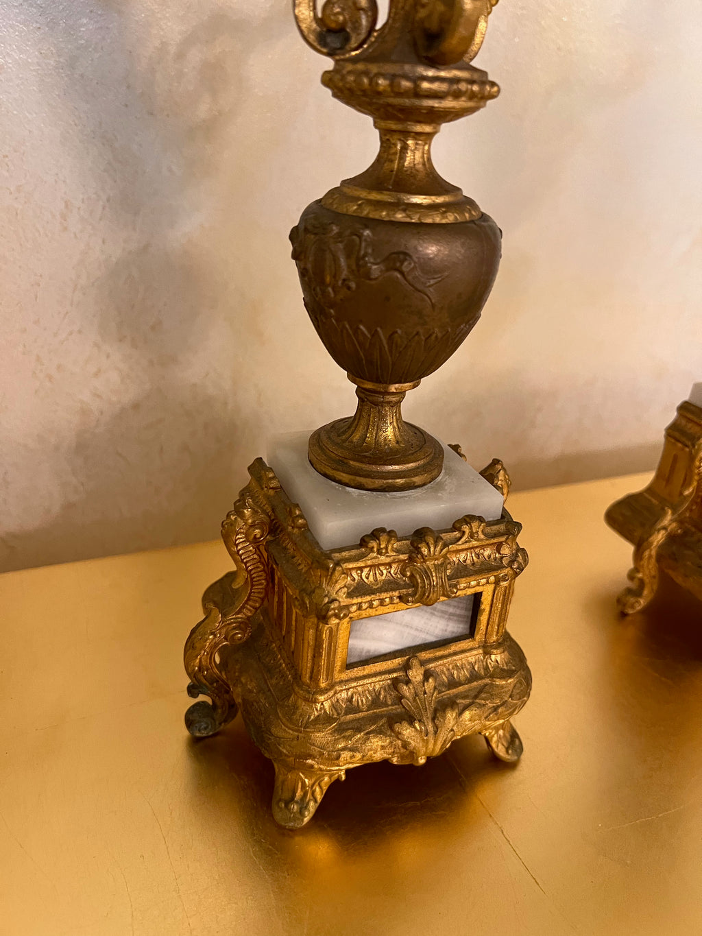 Pair of Small Gilt Gold Metal Candelabras, with Marble Base- 18"H