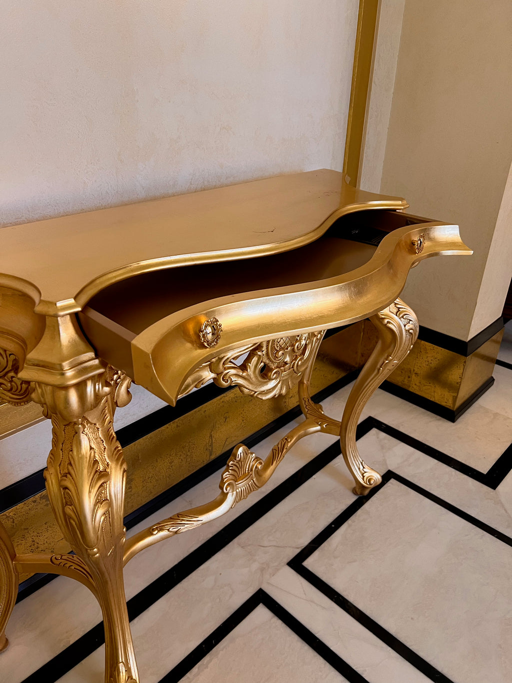 'Modenese Gastone' Luxury Classic Furniture Gold Console Table with Drawer, Made in Italy (*retail $7,000)