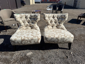 Pair of Low Profile Patterned Tufted Upholstered Chairs