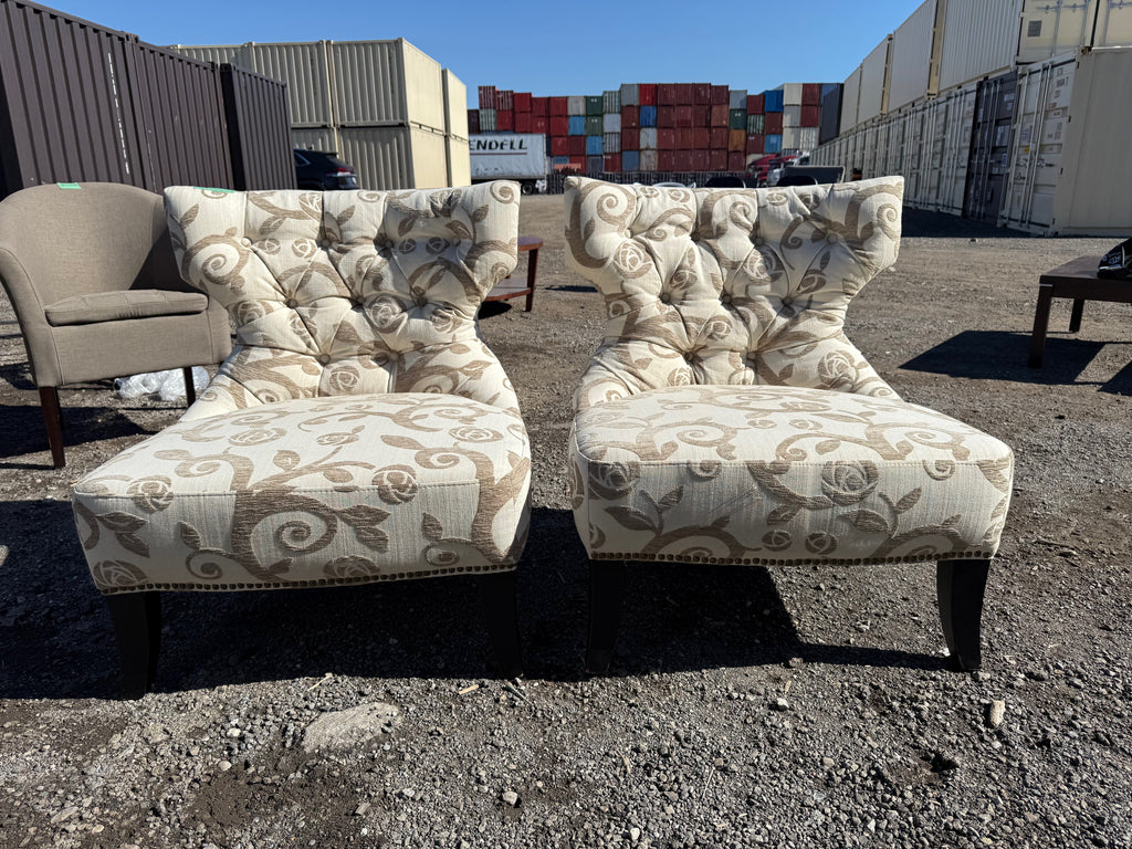 Pair of Low Profile Patterned Tufted Upholstered Chairs