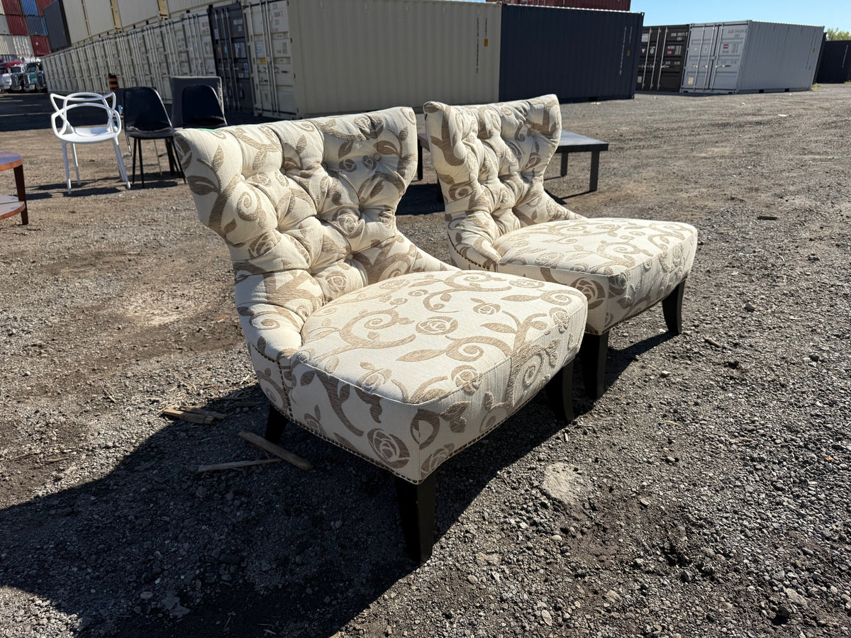 Pair of Low Profile Patterned Tufted Upholstered Chairs