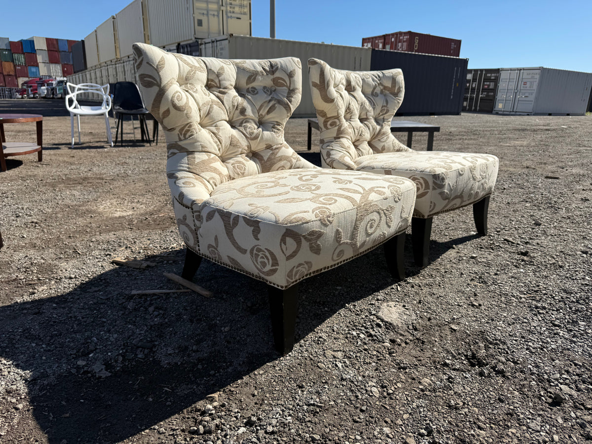 Pair of Low Profile Patterned Tufted Upholstered Chairs