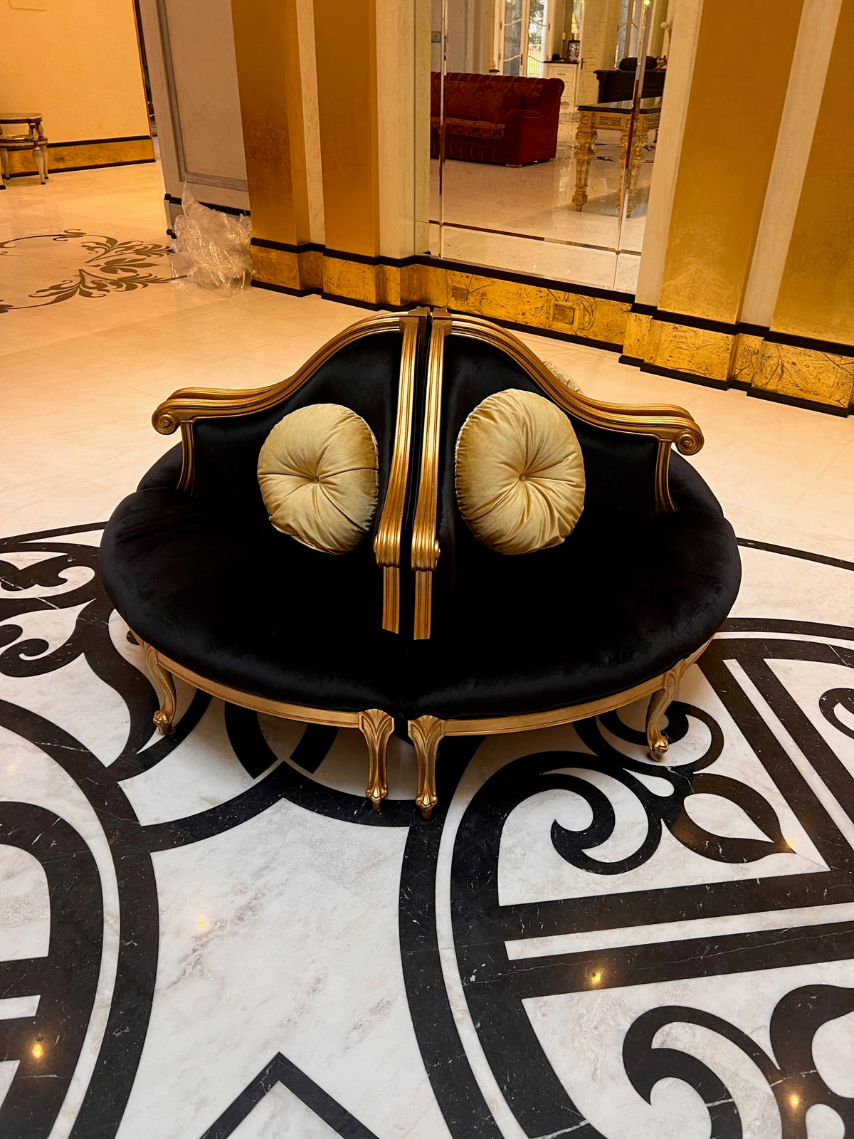 4 Piece Modular Italian Confidante Sofa, Black Velvet with Gold Frame # 1