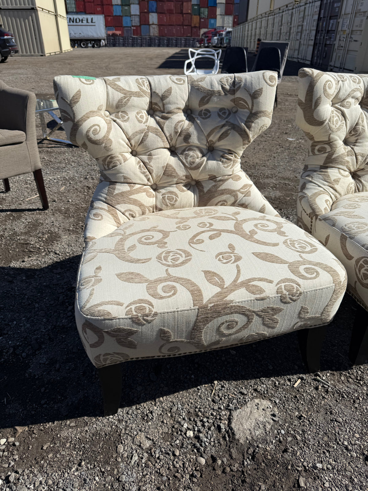 Pair of Low Profile Patterned Tufted Upholstered Chairs