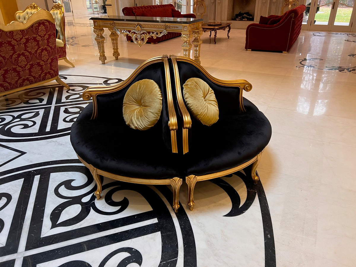 4 Piece Modular Italian Confidante Sofa, Black Velvet with Gold Frame # 1