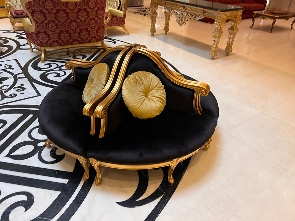 4 Piece Modular Italian Confidante Sofa, Black Velvet with Gold Frame # 2