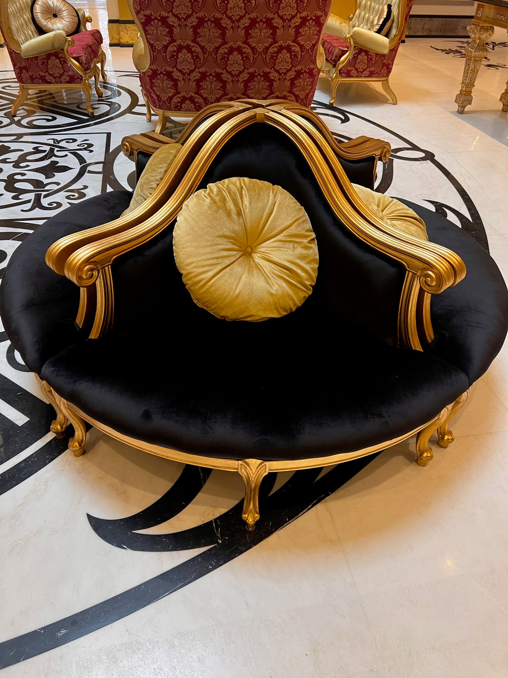 4 Piece Modular Italian Confidante Sofa, Black Velvet with Gold Frame # 2