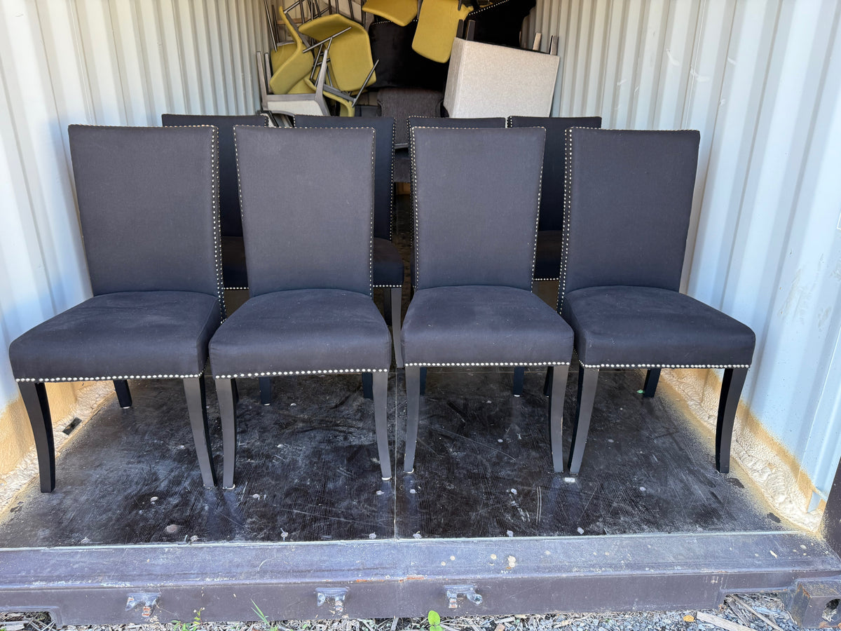 Set of 8 Black Fabric Dining Chairs with Studded Trim