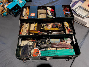 Vintage Fishing Tackle Box and Lures (*includes a few Heddon Dowagiac Lures)