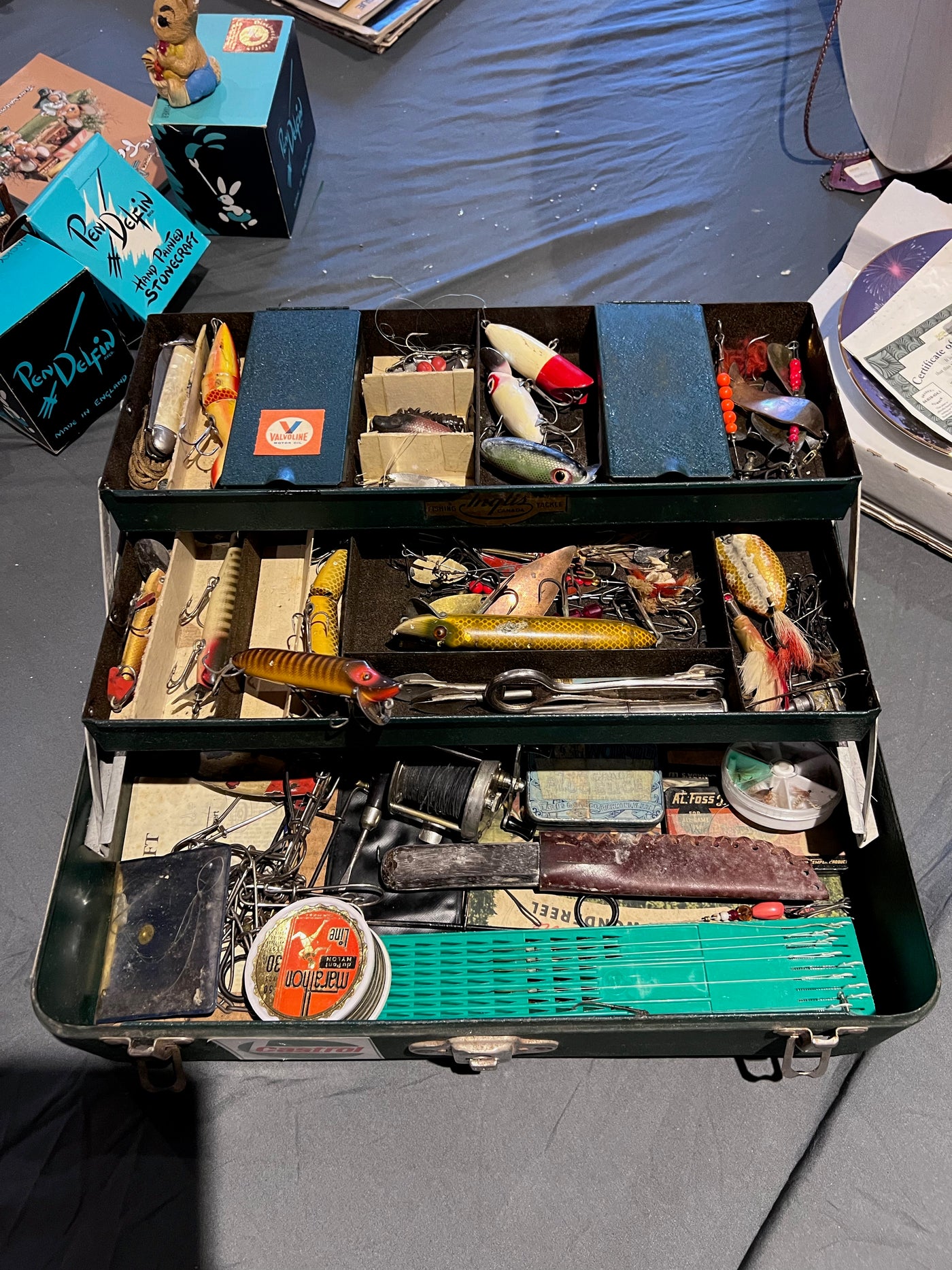 Vintage Fishing Tackle Box and Lures (*includes a few Heddon Dowagiac Lures)