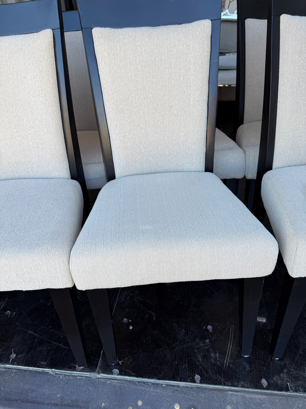 Set of 8 Beige Fabric Dining Chairs, Black Wood Frame